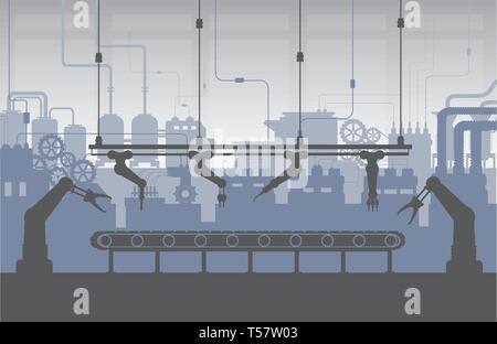 L'intérieur de l'usine de silhouette avec la machine et courroie transporteuse modèle plat vector illustration Illustration de Vecteur