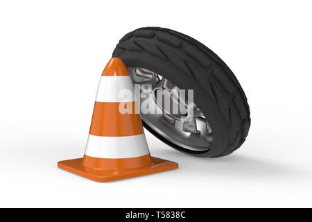 Roue de voiture avec traffic cone 3D Rendering Banque D'Images