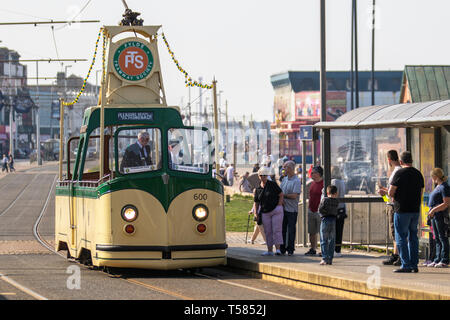 Le week-end des tramways du patrimoine aurifère de Pâques, la côte de fylde, le tramway, le trolleybus, les trolleybus des passagers du ferry d'antan le long du front de mer de Blackpool. ROYAUME-UNI Banque D'Images