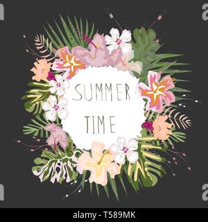 Gerbe de fleurs tropicales avec le texte d'invitation de fête d'été, carte postale. Vector Illustration d'été Illustration de Vecteur