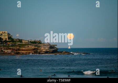 Pleine lune s'élève au-dessus de Bondi Beach, Sydney, Australie Banque D'Images