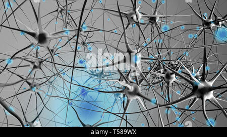 Rendu 3D Illustration d'un réseau de cellules de neurones biologiques transmettre des signaux. Banque D'Images