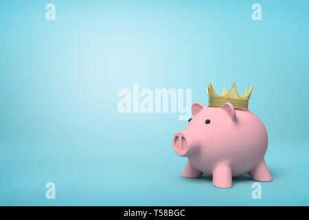 Avant 3d rendu close-up of pink piggy bank wearing couronne d'or sur fond bleu clair. Banque D'Images