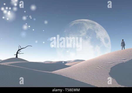 Désert blanc surréaliste avec arbre sec, grande lune à l'horizon. L'homme en costume blanc et bowler se dresse sur une dune de sable. Banque D'Images