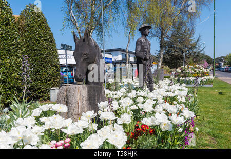 L'année commémorative de la PREMIÈRE GUERRE MONDIALE 100 plantation entourée de fleurs au printemps en Norfolk Arms, West Sussex, Angleterre, Royaume-Uni. Banque D'Images