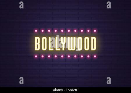 Composition de néon titre Bollywood. Vector illustration de texte néon lumineux avec lampe de Bollywood. Pancarte numérique lumineux pour le cinéma indien Illustration de Vecteur