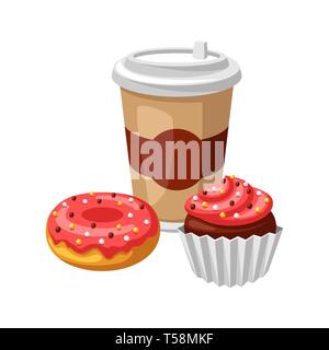 Illustration avec fast-food. Le café, muffins et beignet. Illustration de Vecteur
