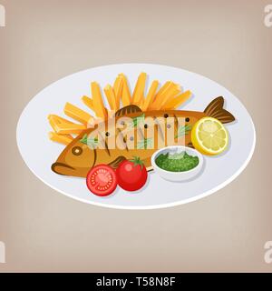 Poisson-frites avec sauce aux tomates, et d'une tranche de citron dans une assiette. Vector illustration Illustration de Vecteur