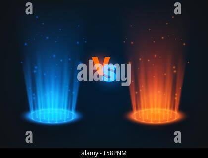 Par rapport aux projecteurs lumineux de couleurs rouge et bleu. Scène de bataille contre les rayons avec et d'étincelles. Abstract hologramme. vector illustration Illustration de Vecteur