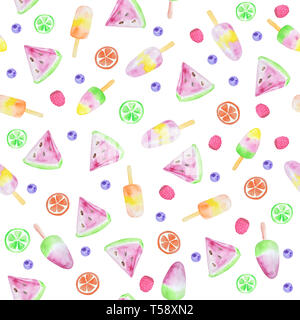 La glace et les baies modèle transparente. Arrière-plan avec aquarelle watermelon, glaces, fruits et petits fruits Banque D'Images