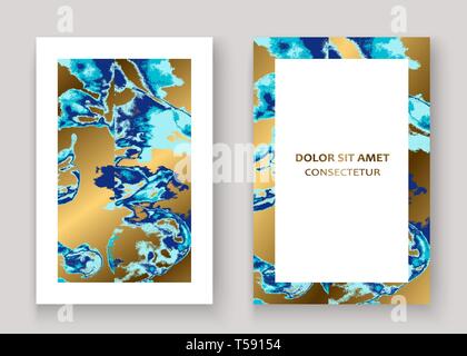 Bleu marine peinture texture luxueuse en marbre, conception artistique d'invitation de mariage. Splash décoratif fluide sur fond doré, l'illustration vectorielle. Tendance Illustration de Vecteur