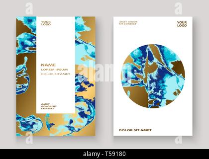 Bleu marine peinture texture luxueuse en marbre, conception artistique d'invitation de mariage. Splash décoratif fluide sur fond doré, l'illustration vectorielle. Tendance Illustration de Vecteur