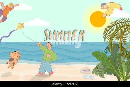 Temps d'été avec bannière sur sky typographiques, beach, coconut éléments amd palmier avec chien adorable et un homme jouant de cerf-volant sur la plage. vector illustrati Illustration de Vecteur