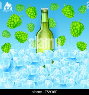Bouteille de bière verte réalistes dans des cubes de glace entre les cônes de houblon sur fond bleu Illustration de Vecteur