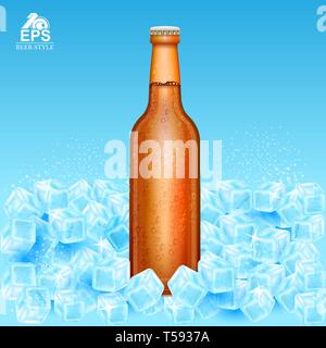 Maquette réaliste bouteille de bière brune sur des cubes de glace sur fond bleu Illustration de Vecteur