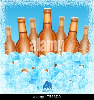 Maquette réaliste 7 bouteille de bière brune chez les cubes de glace sur fond bleu. Vector illustration trois et quatre bouteilles bouteille forte profondeur de fiel Illustration de Vecteur