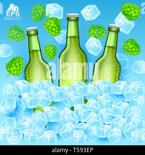 3 bouteille de bière verte réaliste dans des cubes de glace entre les cônes de houblon de vol et de glace sur fond bleu Illustration de Vecteur