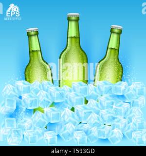 Trois simulations réalistes en vert bouteille de bière entre les cubes de glace sur fond bleu Illustration de Vecteur