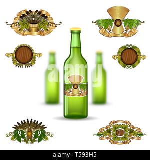 Trois maquettes réalistes en vert bouteille verre de bière et un ensemble d'étiquettes de luxe sur fond blanc. Une bouteille d'illustration vectorielle, Sharp et deux bouteilles Illustration de Vecteur