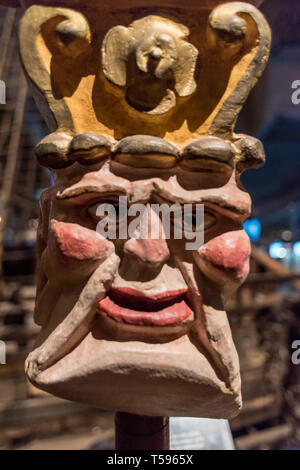 Un masque en bois sculpté récupéré du navire de guerre Vasa exposée au musée Vasa dans Stiockholm Banque D'Images
