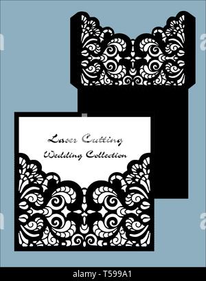Coupe au laser carte mariage modèle de scénario. Enveloppe d'invitation. Dentelle de mariage invitation. Gabarit pour la découpe au laser. Die cut enveloppe poche modèle. Illustration de Vecteur