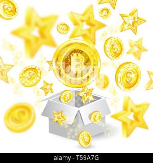 Peu d'or pièce dans le centre de battant pièces et les étoiles avec effet à partir de la profondeur de champ ouvert avec boîte-cadeau Illustration de Vecteur