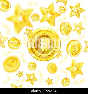 Peu d'or pièce dans le centre de battant pièces et les étoiles avec effet de profondeur de champ sur blanc Illustration de Vecteur
