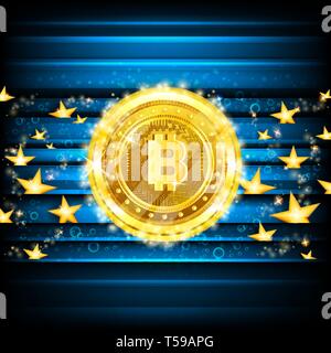 Peu d'or pièces et les étoiles sur fond brillant bleu Illustration de Vecteur