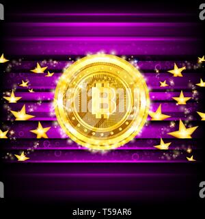 Peu d'or pièces et les étoiles sur fond brillant violet Illustration de Vecteur