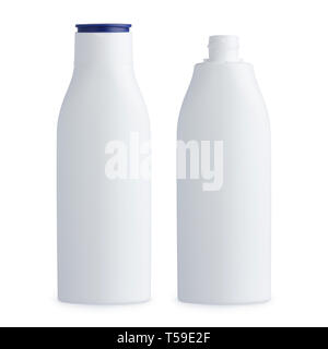 Bouteille en plastique vide cosmétique blanche, ouvert et fermé, isolé sur fond blanc Banque D'Images