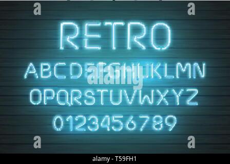 Néon de Lumière font lettre ensemble. Inscrivez-Bar type de vecteur. Cinéma casino et lumineux texte rouge alphabet sur plancher bois mur. Rétro arrière. Illustration de Vecteur