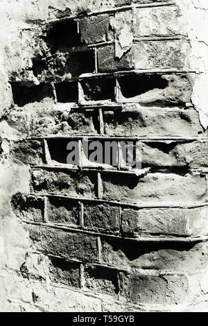 Mur de l'ancien manoir Yaroshevicha. Ukraine. Ruines. Arrière-plan. Noir et blanc. Banque D'Images