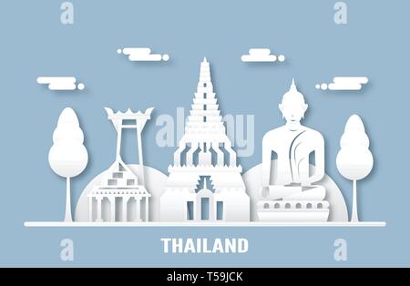 03 avril, 2019 : Top site célèbre et la construction de la Thaïlande Pays de voyage et de visite. Vector illustration design en papier découpé et d'artisanat de style b Illustration de Vecteur