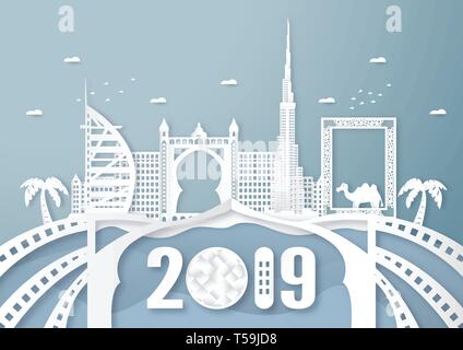 03 avril, 2019 : Top site célèbre et construction de Dubai voyage et tour de pays. Vector illustration design en papier découpé et d'artisanat sur bleu style Illustration de Vecteur