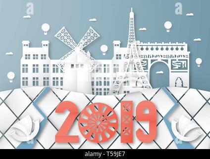 03 avril, 2019 : Top site célèbre et construction de Paris pays pour les voyages et tour. Vector illustration design en papier découpé et d'artisanat sur bleu style Illustration de Vecteur