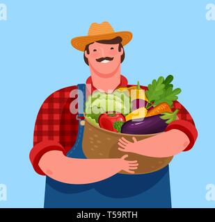 Farmer holding panier de légumes frais. L'agriculture, cartoon vector illustration Illustration de Vecteur