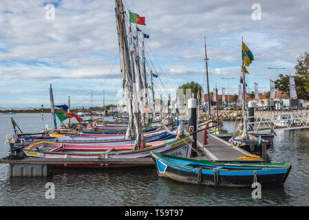 Peints traditionnels bateaux dans port de Moita ville, district de Setubal au Portugal Banque D'Images