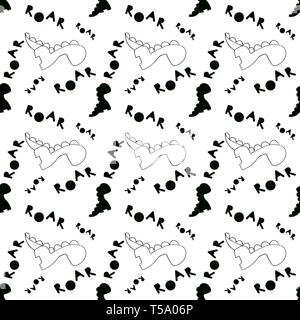 Dino monochrome pattern. Tuile transparente noir et blanc avec contour les dinosaures et la lettre dans un style scandinave. Dino vecteur imprimer textile, tissu. Mauvais Illustration de Vecteur