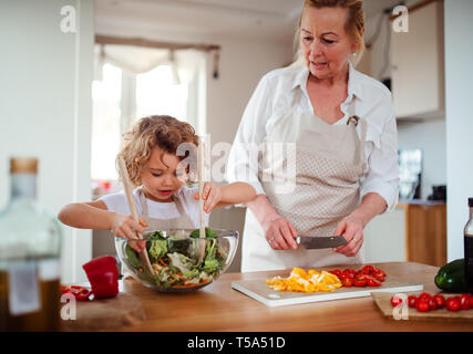 Un portrait de petite fille avec grand-mère dans une cuisine à la maison, préparer une salade de légumes. Banque D'Images