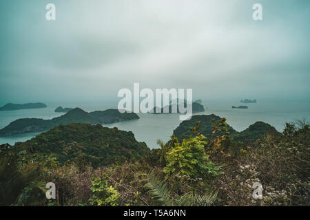 Une sombre et brumeux matin ciel couvert sur la baie d'Halong, Vietnam. tonique photo. Magnifique paysage de montagne avec le point de vue sur l'île de Cat Ba Banque D'Images