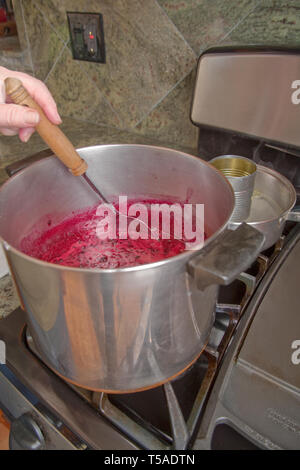 En remuant le sucre en confiture pendant la cuisson sur la cuisinière dans une cuisine. (MR) (PR) Banque D'Images