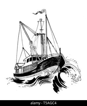 Bateau de pêche en mer agitée. Dessin noir et blanc Encre Banque D'Images