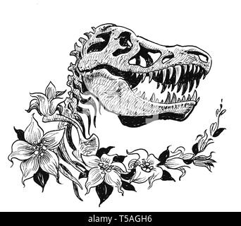 Crâne de Tyrannosaurus Rex et de fleurs. Illustration noir et blanc Encre Banque D'Images
