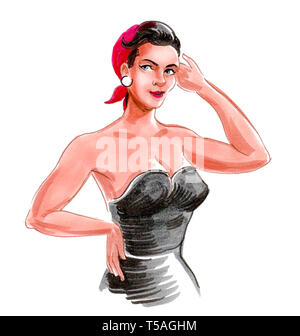 Jolie femme style pin up. Encre et aquarelle illustration Banque D'Images