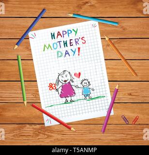 Happy Mothers Day Baby Hand Drawn Illustration de tenir la main de la mère avec son fils sur l'ordinateur portable à damiers ou feuille de papier millimétré sur table en bois avec Colore Illustration de Vecteur