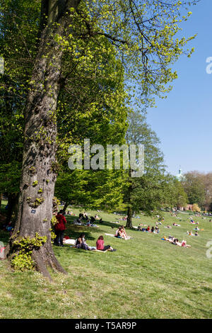 Les Londoniens prendre à l'air libre à la hausse des températures sur le week-end de Pâques le plus chaud jamais enregistré, Waterlow Park, London, UK, avril 2019 Banque D'Images