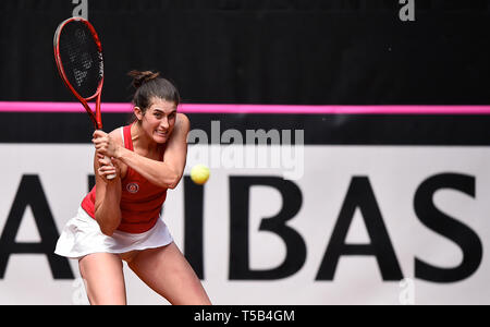 Prostejov, République tchèque. Apr 21, 2019. Le joueur de tennis du Canada Rebecca Marino joue contre République tchèque Marketa Vondrousova en play-off des célibataires dans la Fed Cup match entre la République tchèque et le Canada, à Prostejov, en République tchèque, le 21 avril 2019. Credit : Lubos Pavlicek/CTK Photo/Alamy Live News Banque D'Images