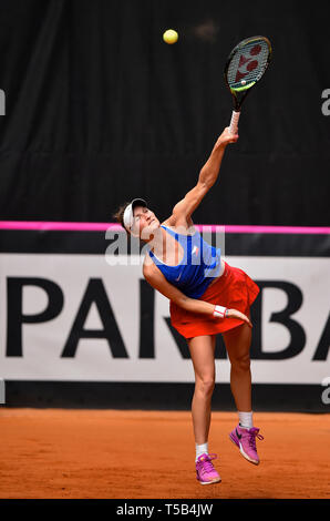 Prostejov, République tchèque. Apr 21, 2019. Le joueur de tennis tchèque Marketa Vondrousova joue contre le Canada's Rebecca Marino en play-off des célibataires dans la Fed Cup match entre la République tchèque et le Canada, à Prostejov, en République tchèque, le 21 avril 2019. Credit : Lubos Pavlicek/CTK Photo/Alamy Live News Banque D'Images