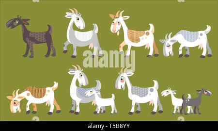 Grandes lignes décoratives colorées funny chèvres et cabris debout de profil. Les animaux de ferme et les oiseaux vector cartoon illustration en couleur différente plate Illustration de Vecteur