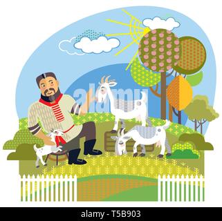 Grandes lignes décoratives colorées mignon fermier et chèvres blanc debout dans profil dans le jardin. Vector cartoon illustration ferme télévision en couleurs différentes isola Illustration de Vecteur